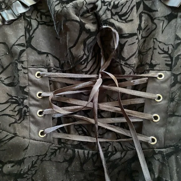 Velvet Burnout Rockabilly Print Corset Ribbon Trimmed Dress Queen Anne Neckline - Picture 8 of 16